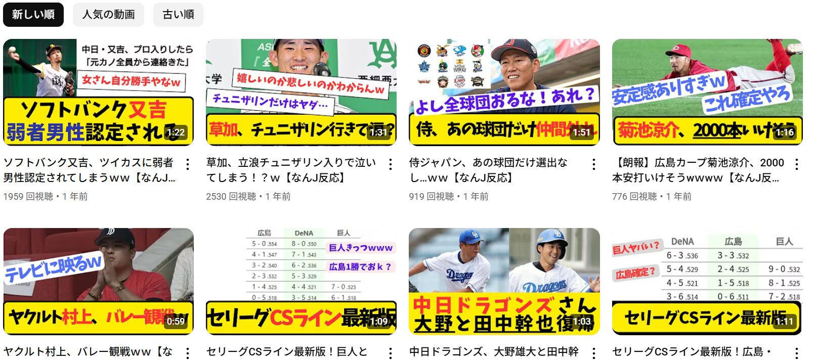 なんJベースボールチャンネル 動画一覧