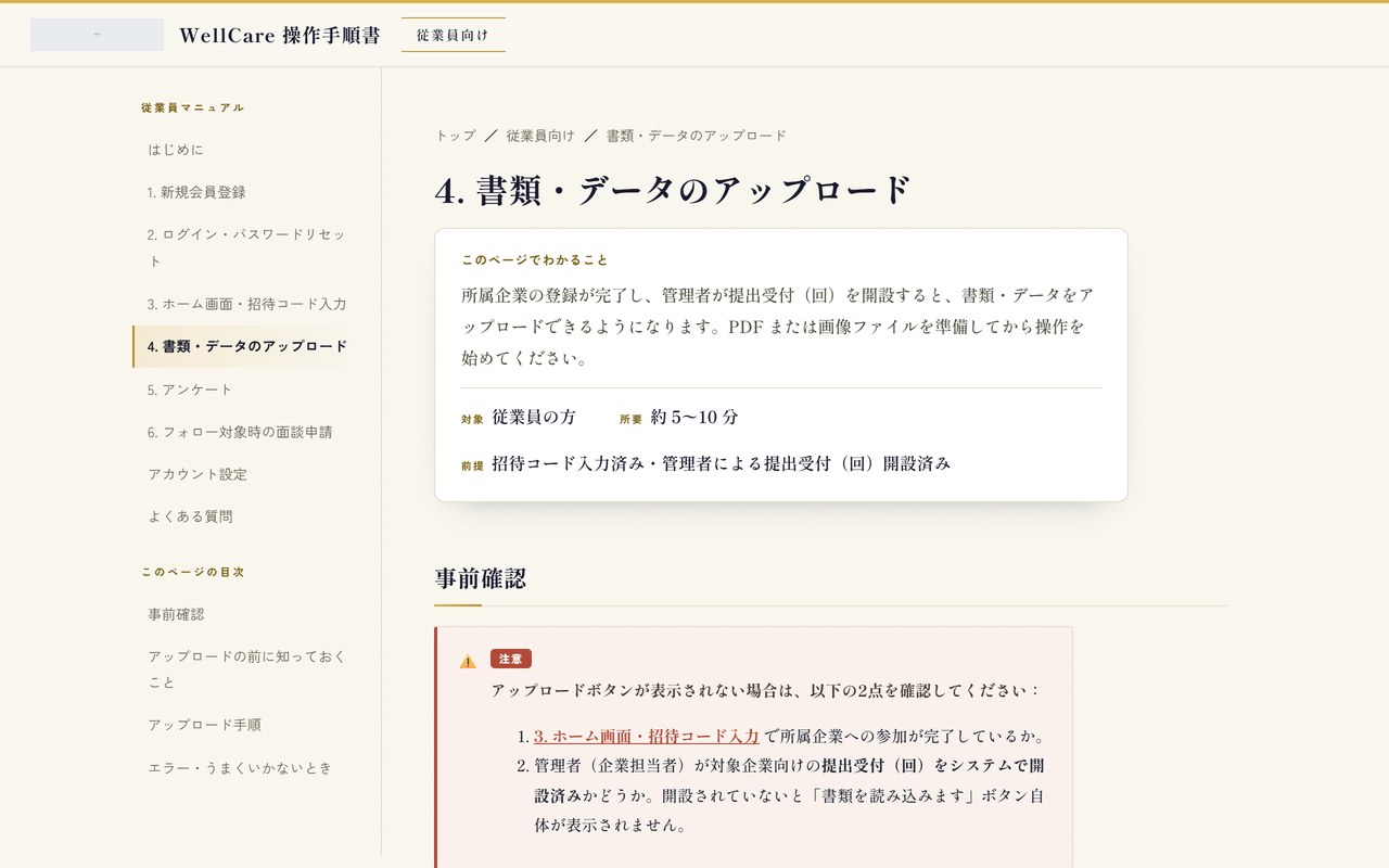 従業員向けの操作手順ページ。注釈付きのスクリーンショットで手順を解説している